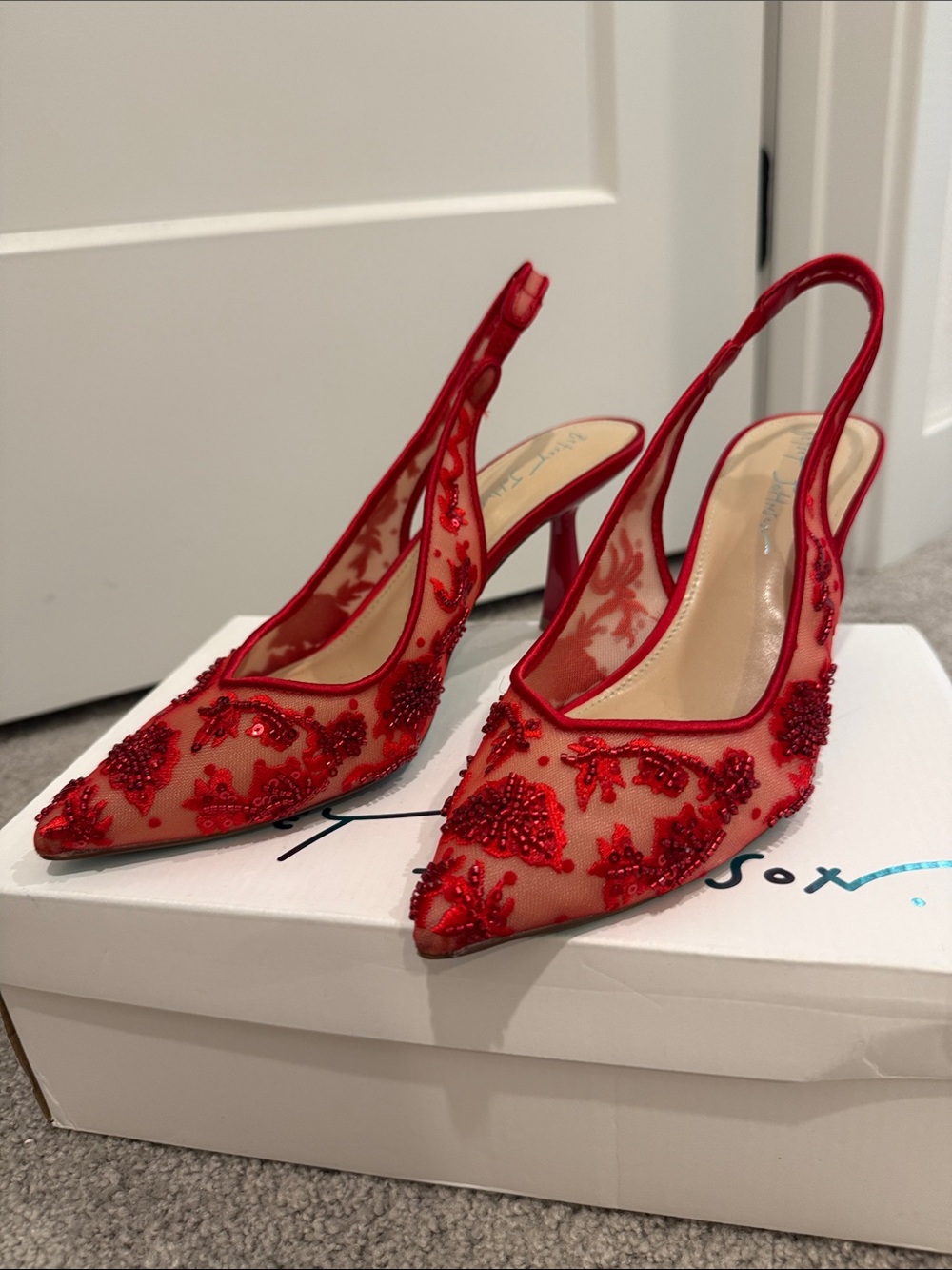 Betsey Johnson Red Beaded Floral Slingback Heels